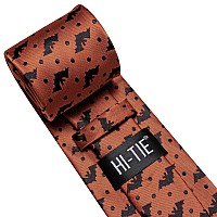 Hitie Silk Ties For Men Plaid Paisley Striped Necktie Pocket Square Cufflinks Set Formal Businesshalloween Black Orange Bat