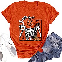 Hot Coffee Skeleton Shirts For Women Funny Halloween Skull Tshirts Cute Pumpkin Face Graphic T Shirt Fall Short Sleeve Tops 2024