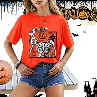 Hot Coffee Skeleton Shirts For Women Funny Halloween Skull Tshirts Cute Pumpkin Face Graphic T Shirt Fall Short Sleeve Tops 2024