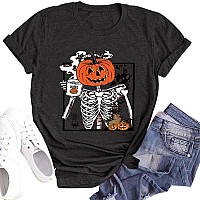 Funny Womens Halloween T Shirts Crew Neck Happy Halloween Coffee Shirt Retro Skeleton Skull Graphic Tees Causal Trendy Short Sle