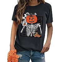 Funny Womens Halloween T Shirts Crew Neck Happy Halloween Coffee Shirt Retro Skeleton Skull Graphic Tees Causal Trendy Short Sle