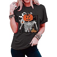 Funny Womens Halloween T Shirts Crew Neck Happy Halloween Coffee Shirt Retro Skeleton Skull Graphic Tees Causal Trendy Short Sle