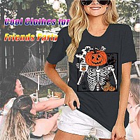 Funny Womens Halloween T Shirts Crew Neck Happy Halloween Coffee Shirt Retro Skeleton Skull Graphic Tees Causal Trendy Short Sle