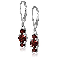 Sterling Silver Genuine Garnet 5Mm And 3Mm Three Stone January Birthstone Leverback Dangle Earrings