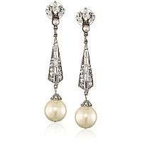 Benamun Antique Silver Long Drop Earrings Swarovski Crystal Art Deco Zirconia Rhinestone Pearl Legendary Collection