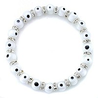 Jewelrieshop Turkish Evil Eye Bracelet Murano Glass Beads Beaded Clear Crystal Spacer Bracelet For Women Girls 8Mm White Eye Be