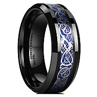 King Will Dragon Mens 8Mm Black Tungsten Carbide Ring Blue Carbon Fiber Celtic Dragon Wedding Band 85