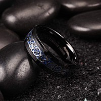 King Will Dragon Mens 8Mm Black Tungsten Carbide Ring Blue Carbon Fiber Celtic Dragon Wedding Band 85