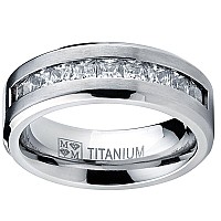 Metal Masters Co Titanium Mens Wedding Band Engagement Ring With 9 Large Princess Cut Cubic Zirconia Size 75