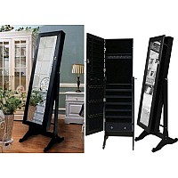 Black Mirrored Jewelry Cabinet Armoire Stand Mirror Necklaces Bracelets Rings