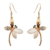 Navachi 18K Gold Plated White Crystal Createdopal Dragonfly Dangle Earrings