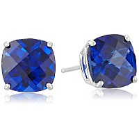 Amazon Collection 925 Sterling Silver 8Mm Cushion Cut September Birthstone Created Blue Sapphire Stud Earrings For Women