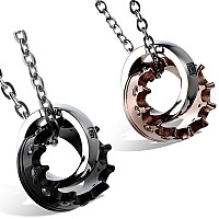 Flongo Mens Womens 2Pcs Stainelss Steel Simple Queen King Crown Cz Valentine Pendant Necklace