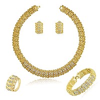 Moochi Women 18K Gold Plated Bling Wide Chain Necklace Rhinestone Costume Jewelry Sets Fashion Bracelet Earrings Ring Statement