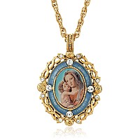 Symbols Of Faith Inspirations 14K Golddipped Crystal Blue Enamel Mary And Child Pendant Necklace