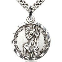 Mens Round Sterling Silver Saint Christopher Medal 24 Inch Endless Rhodium Plated Chain