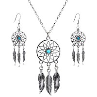 Lauhonmin 3Pcs Women Retro Silver Turquoise Feather Dream Catcher Pendant Necklace Earrings Set Family Friend Gifts