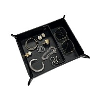 Unionbasic Medium Leather Jewelry Catchall Key Phone Coin Valet Tray Change Caddy Bedside Storage Box Removable Divider Black