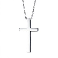 Reve Simple Stainless Steel Silver Tone Cross Pendant Necklace For Men Women 2024 Inches Chain 20