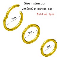 Newkeepsr 3Pcs12Mm Gold Anodised Hinged Clicker Nose Hoop Rings 16 Gauge 316L Steel Seamless Segment Sleeper Earrings Piercin