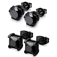 Besteel 2 Pairs Stainless Steel Mens Womens Cz Stud Earrings Pierced Earrings Black 20G 4Mm