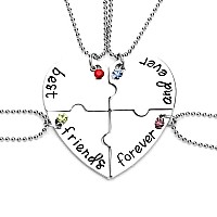 Mjartoria Bff Necklace For 4 Engraved Best Friend Necklace Rhinestone Puzzle Split Heart Pendant Best Friends Forever Friendship