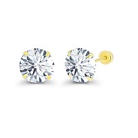 Solid 14K Yellow Gold Hypoallergenic Round Cubic Zirconia Solitaire Stud Earrings For Girls With Secure Ball Screw Backs For Wom