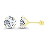 Solid 14K Yellow Gold Hypoallergenic Round Cubic Zirconia Solitaire Stud Earrings For Girls With Secure Ball Screw Backs For Wom