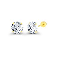 Solid 14K Yellow Gold Hypoallergenic Round Cubic Zirconia Solitaire Stud Earrings For Girls With Secure Ball Screw Backs For Wom