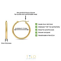 14K Yellow Gold 2Mm Tube Polished Round Hoop Earrings 25Mm 1 Inch Diameter