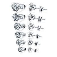 Stainless Steel Stud Earrings Hypoallergenic Cubic Zirconia 6Pairs Silver