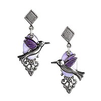 Silvertone Hummingbird Oval Purple Textured Filigree Earrings On Surgical Steel Ear Wires