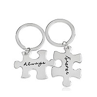 Meiligo Retro 2 Pcs Couples I Love You Always Forever Letter Puzzle Dog Tag Necklace Key Chain Square Matching Engraved Heart Le