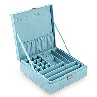 Sodynee Twolayer Lint Jewelry Box Organizer Display Storage Case With Lock Blue