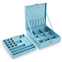 Sodynee Twolayer Lint Jewelry Box Organizer Display Storage Case With Lock Blue