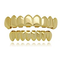 Lureen 8 Teeth Grillz 14K Gold Top And Bottom Grills Set Shiny Hip Hop Teeth Grillz Extra Molding Bars For Halloween Costume C