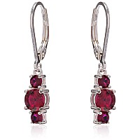 Sterling Silver Created Ruby 5Mm And 3Mm Three Stone July Birthstone Leverback Dangle Earrings