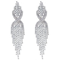 Chran Silver Rhinestone Long Tassels Dangle Chandelier Earrings Jewelry Size 35