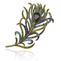 Reizteko Vintage Peacock Feather Crystal Rhinestones Teardrop Plume Brooch Pin Purple