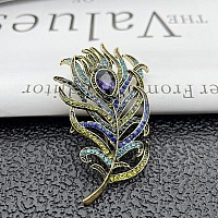 Reizteko Vintage Peacock Feather Crystal Rhinestones Teardrop Plume Brooch Pin Purple