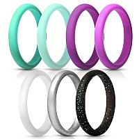 Thunderfit Womens Band Rings Thin And Stackable Silicone Rings Wedding Ring For Women 7 Pack Light Blue Dark Teal Silver