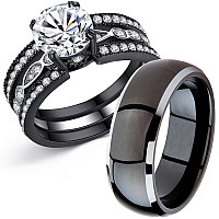 Mabella Couple Rings Black Mens Titanium Matching Band Women Cz Stainless Steel Engagement Wedding Sets Size Women 8 Men 1