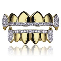 Topgrillz Gold Hip Hop Teeth Grillz Micro Pave Cubic Zircon Topbottom Vampire Fangs Teeth Grills Set Holleween Gift Men Women