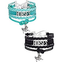 Mtlee 2 Pieces Horse Bracelet Bangle Handmade Leather Love Horse Charm Bracelet With Gift Box Black And Blue