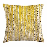 Lunarable Landscape Throw Pillow Cushion Cover Autumn In Birch Forest Golden Yellow Leaves Seasonal Scenics Picture Decorative