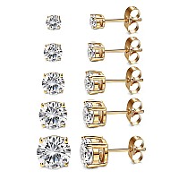 Kainier Womens 5 Pairs 14K Gold Plated Cz Stud Earrings Simulated Diamond Round Cubic Zirconia Hypoallergenic Ear Stud Set5 Pa