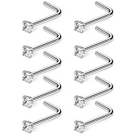 Ruifan 10Pcs 18G Surgical Steel Clear Diamond Cz Nose Stud Rings L Shaped Piercing Jewelry 2Mm