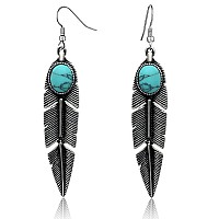 Xzp Womens Createdturquoise Earrings Bohemian Compressedturquoise Jewelry Mother Gifts Pendant Metal Tribal Feather Tibetan D