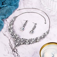 Brilove Wedding Bridal Necklace Earrings Jewelry Set For Women Austrian Crystal Teardrop Cluster Statement Necklace Dangle Earri