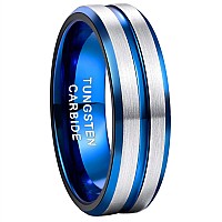 Greenpod 8Mm Tungsten Ring For Men Women Blue Thin Groove Line Dome Brushed Comfort Fit Wedding Band Size 85